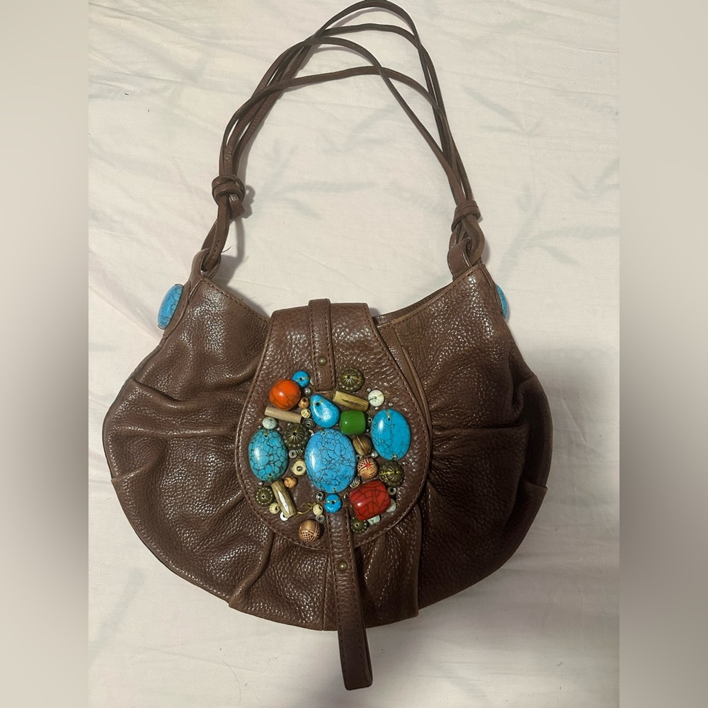 Cole Hann G Series Beaded Leather Hobo Brown Beaded Women's Bag